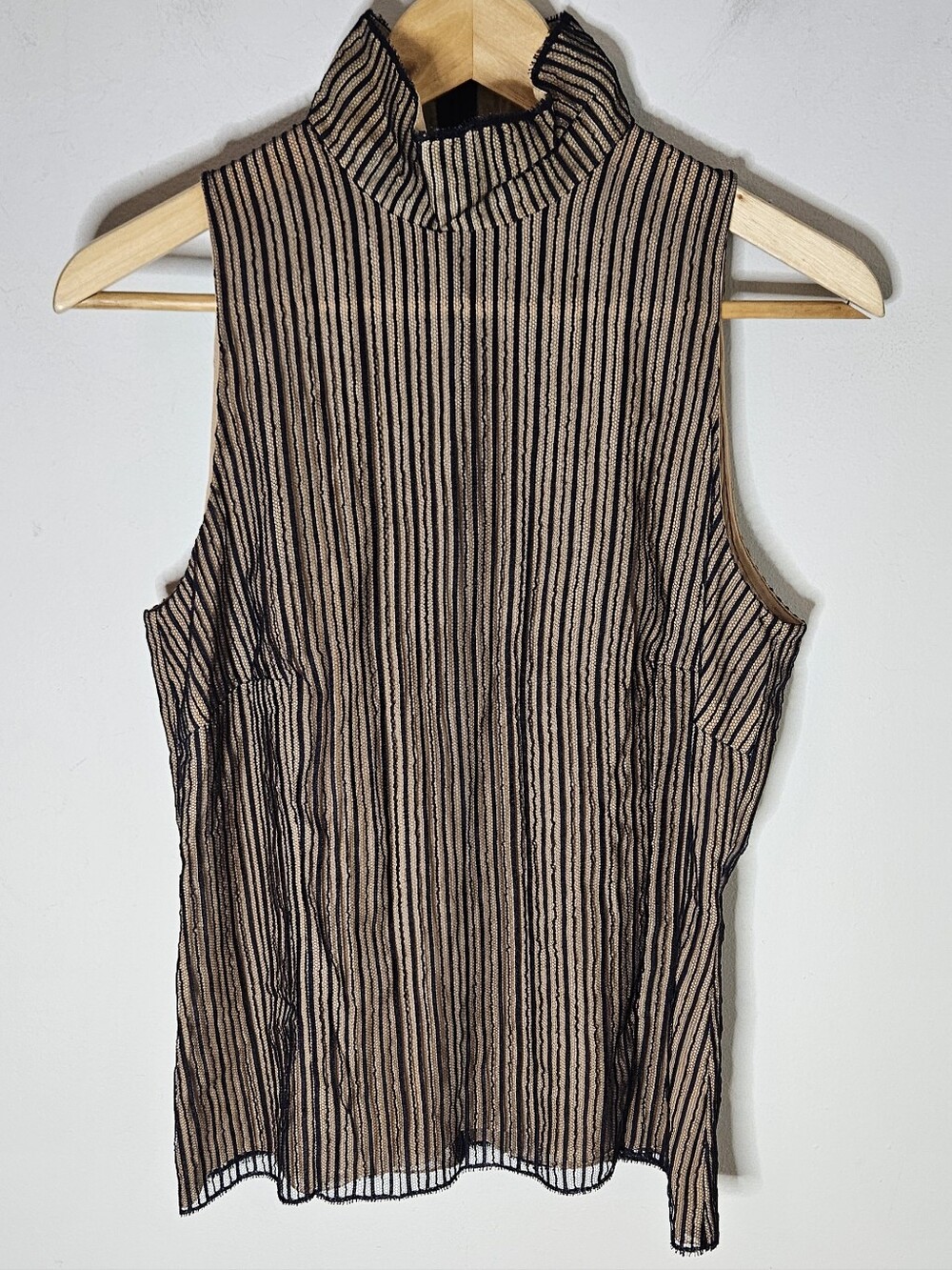 Akris Sleeveless Mock Turtleneck Sheer Knit Tan Black Stripe Women's 6